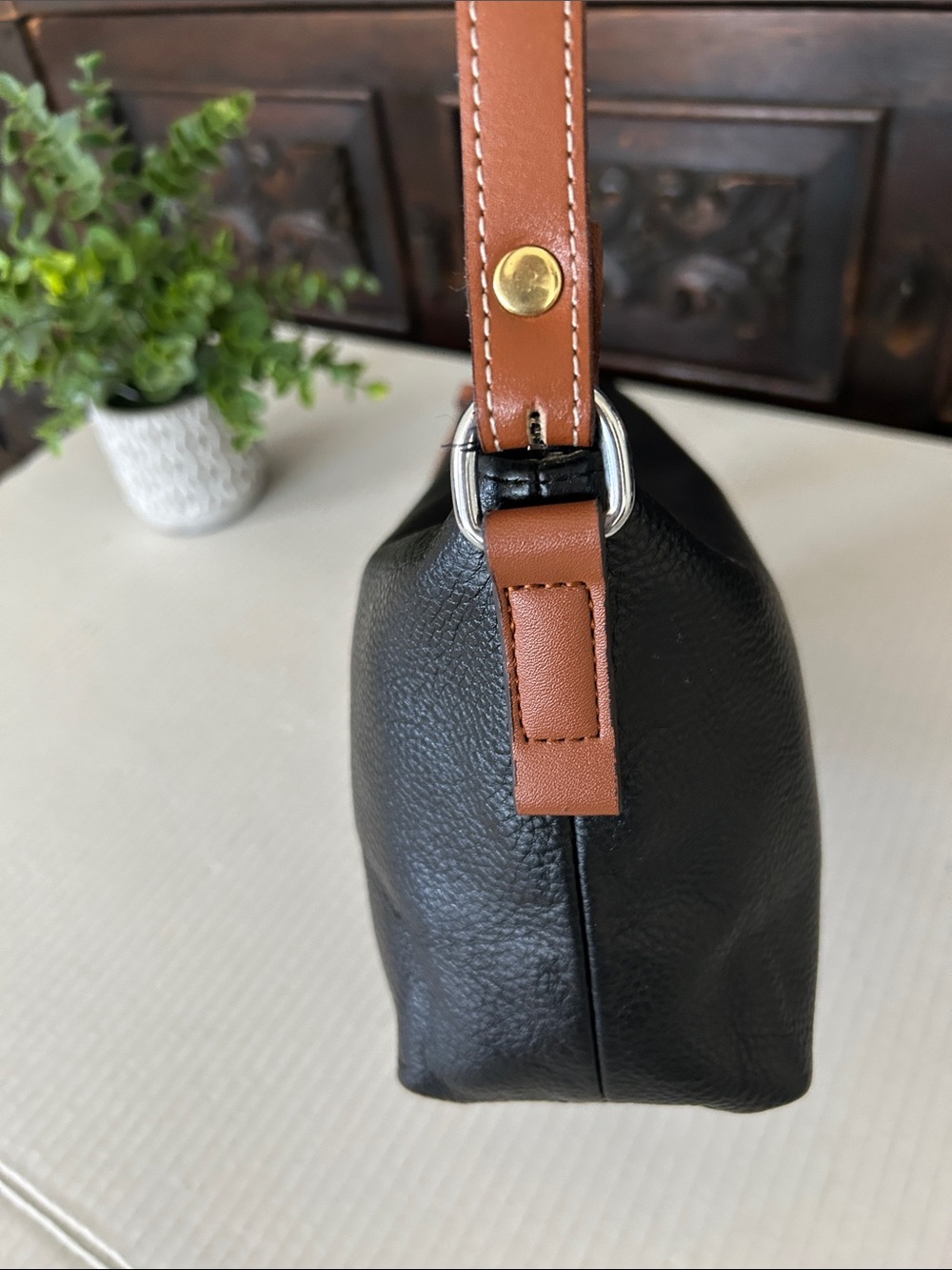 Black Leather Wristlet with Brown Strap - Picture 5 of 11